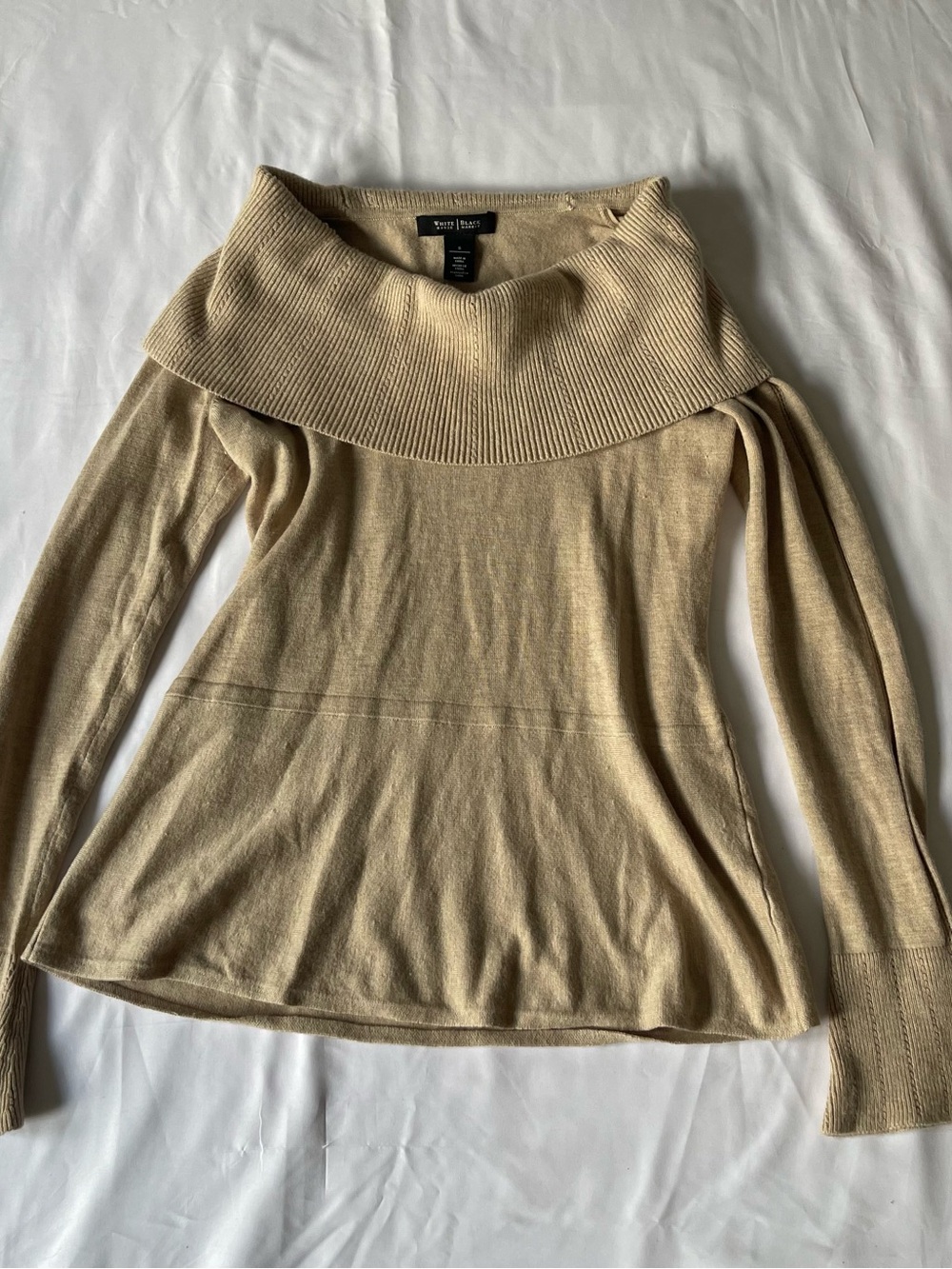 White House Black Market Camel Off-the-Shoulder Fold-Over Sweater